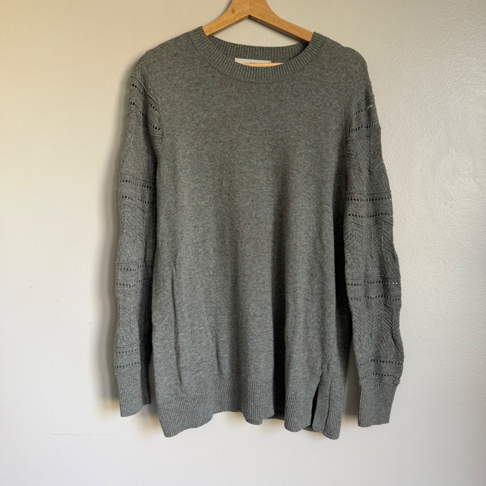 Loft Gray Wool Blend Pointelle Cable Knit‎ Sleeve Crewneck Sweater XL Cozy Tunic